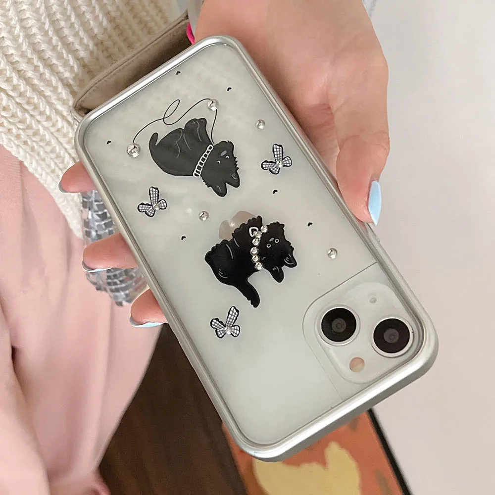 Coreia bonito dos desenhos animados cão preto 3d colar arco capa de telefone para iphone 15 pro max 12 13 14 pro max moldura de prata caso à prova de choque