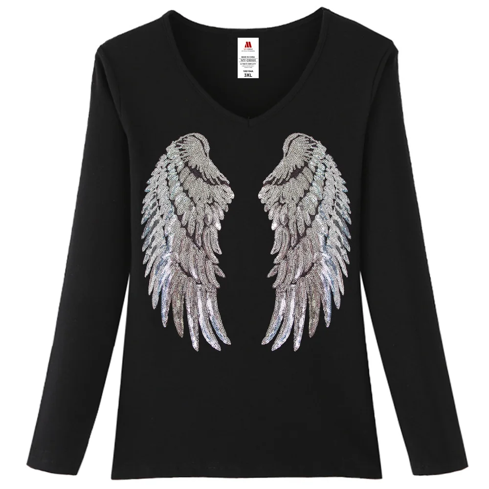 2024 Punk Rock Style Angel Wings Appliques T Shirt Women Summer Sequin Harajuku T-shirt Female Casual Full Sleeve Tops Tee Shirt