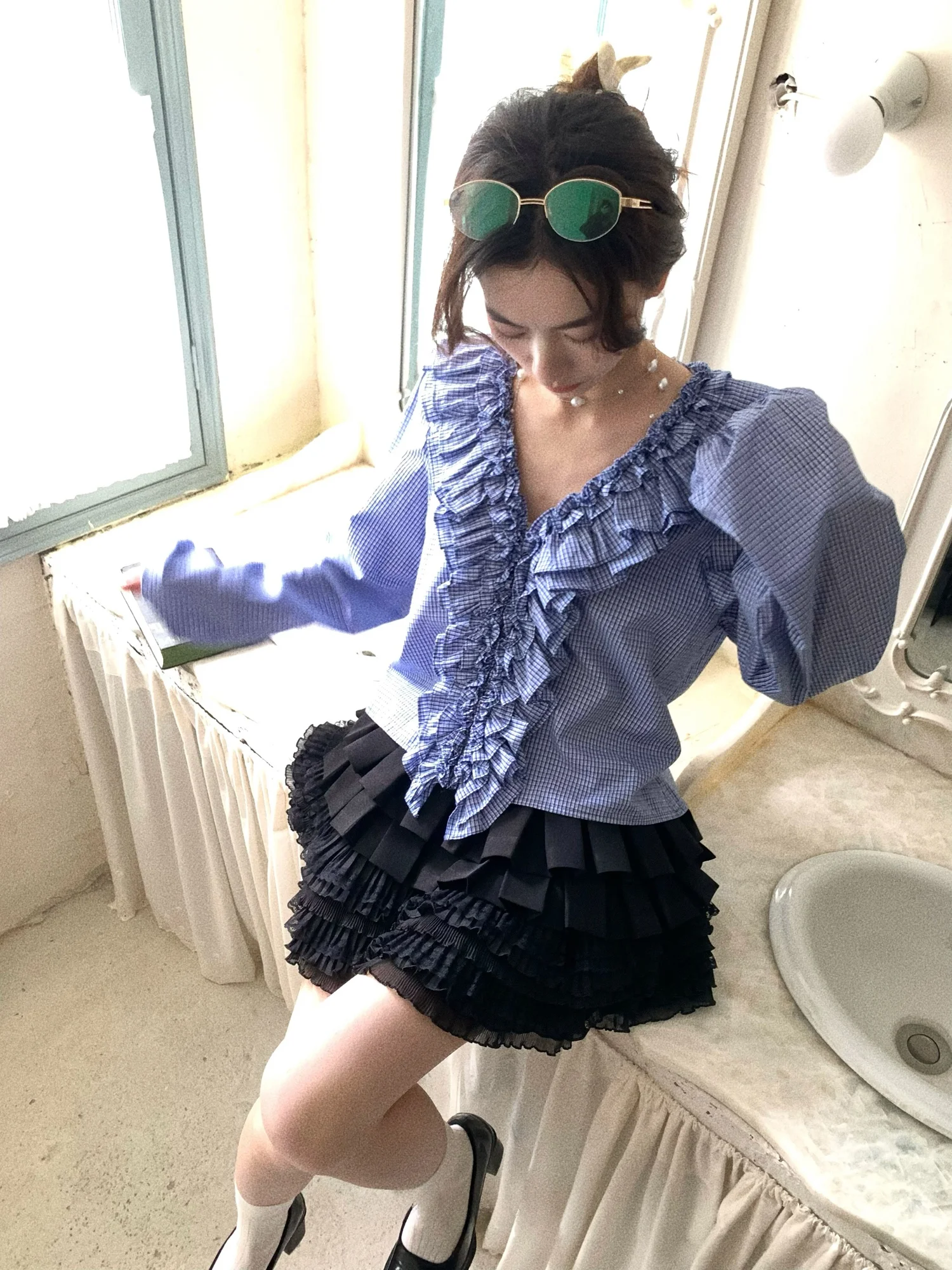 

Рубашка в клетку с многослойным воротником-рюшами Blue Dawn, свободного кроя, из чистого хлопка, с длинными рукавами, V-образным вырезом, для повседневной носки, женская