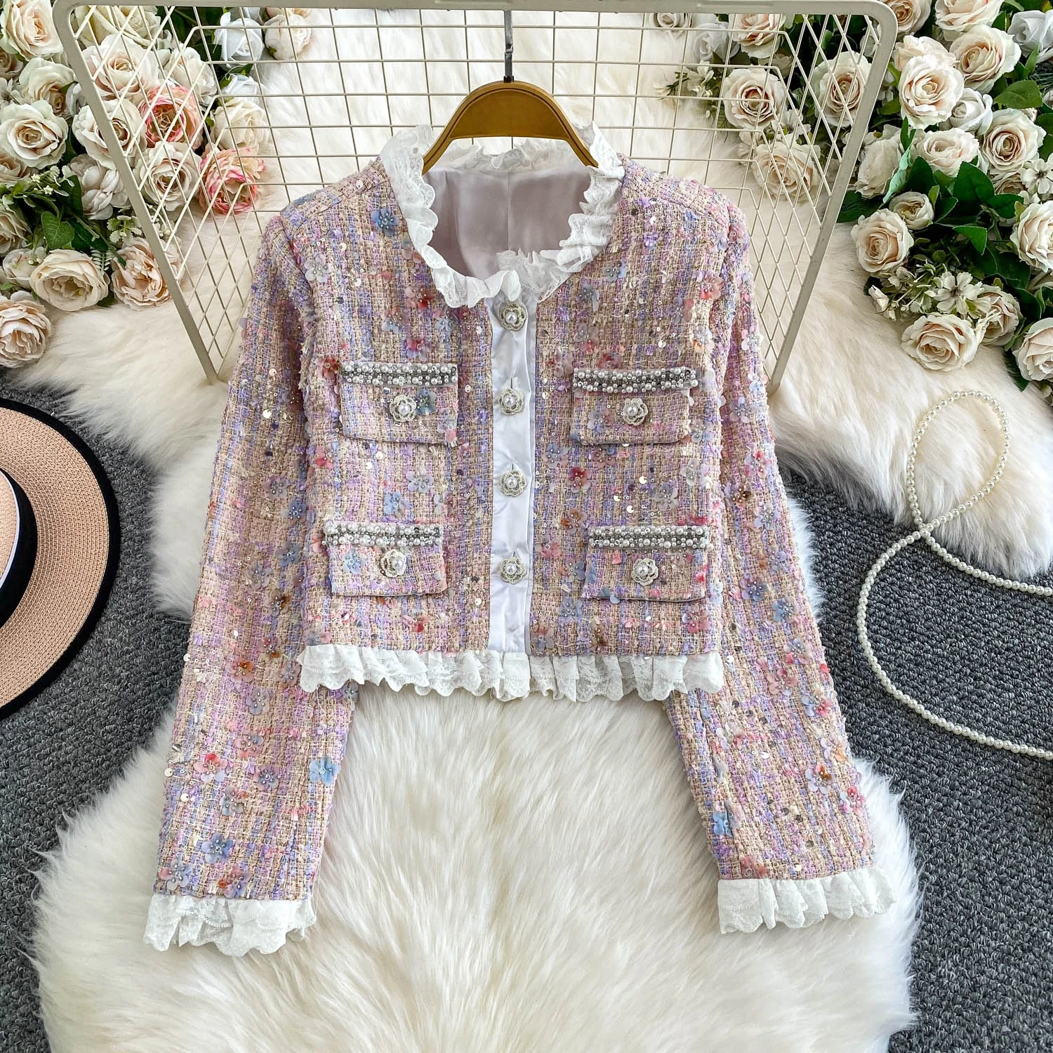 

Ele European Sle round Ne Lace Patchwork Blouse Women's Soft Sle Sweet Youthful Sequin Top Heavy Work Bead Embellied