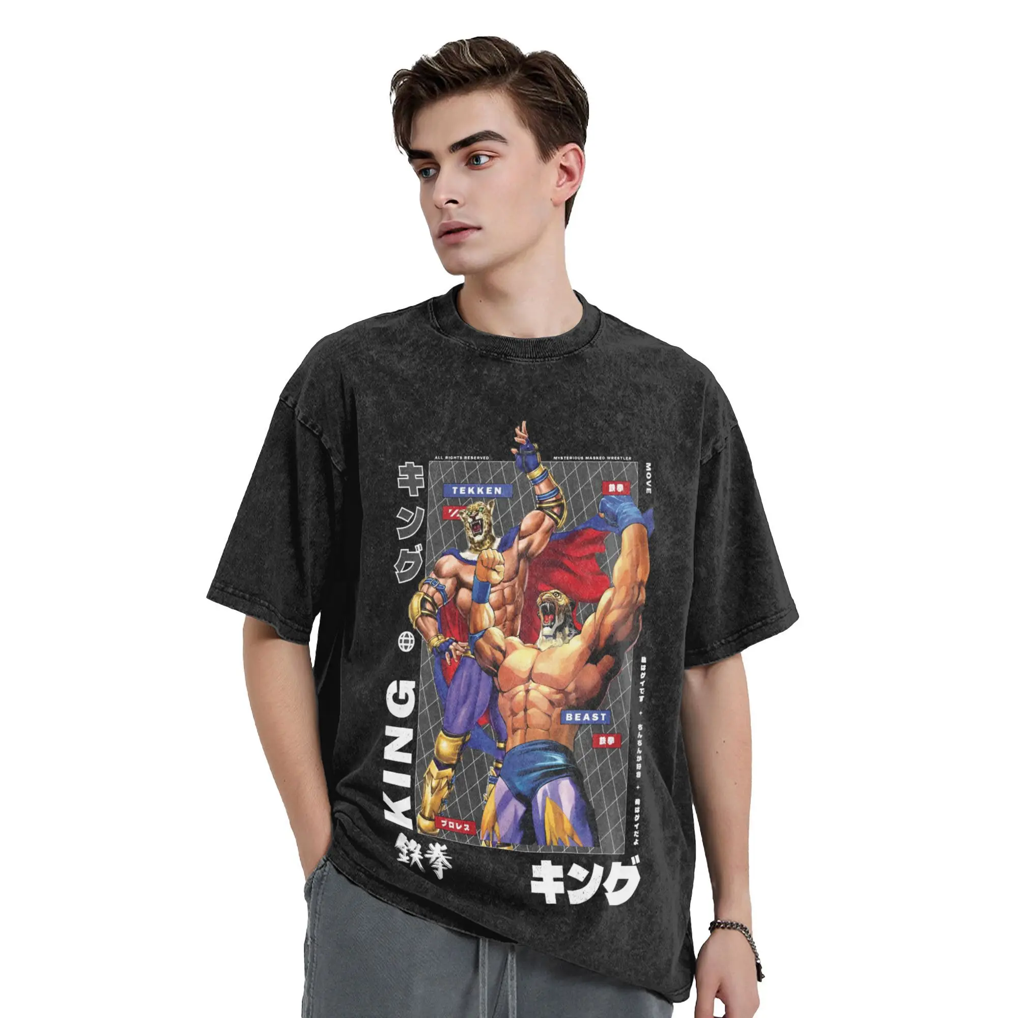 Harajuku قمصان مغسولة Tekken 8 King ملابس أنيمي خمر تي شيرت شارع العليا الشارع الشهير 100% القطن المطبوع بلايز تيز
