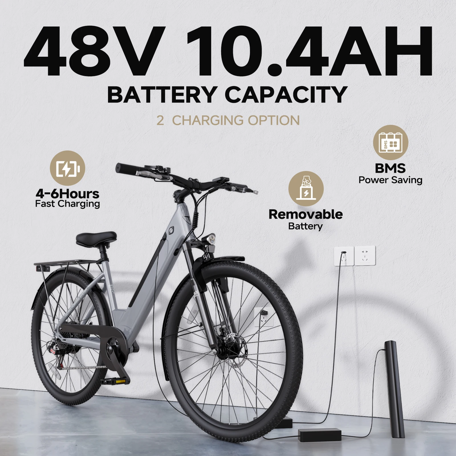 

Электрический велосипед для взрослых Qnut EC150, 48 В, 10,4 Ач, 1000 Вт, литиевая батарея, пригородный электрический велосипед с 7-скоростными шестернями и передней подвеской