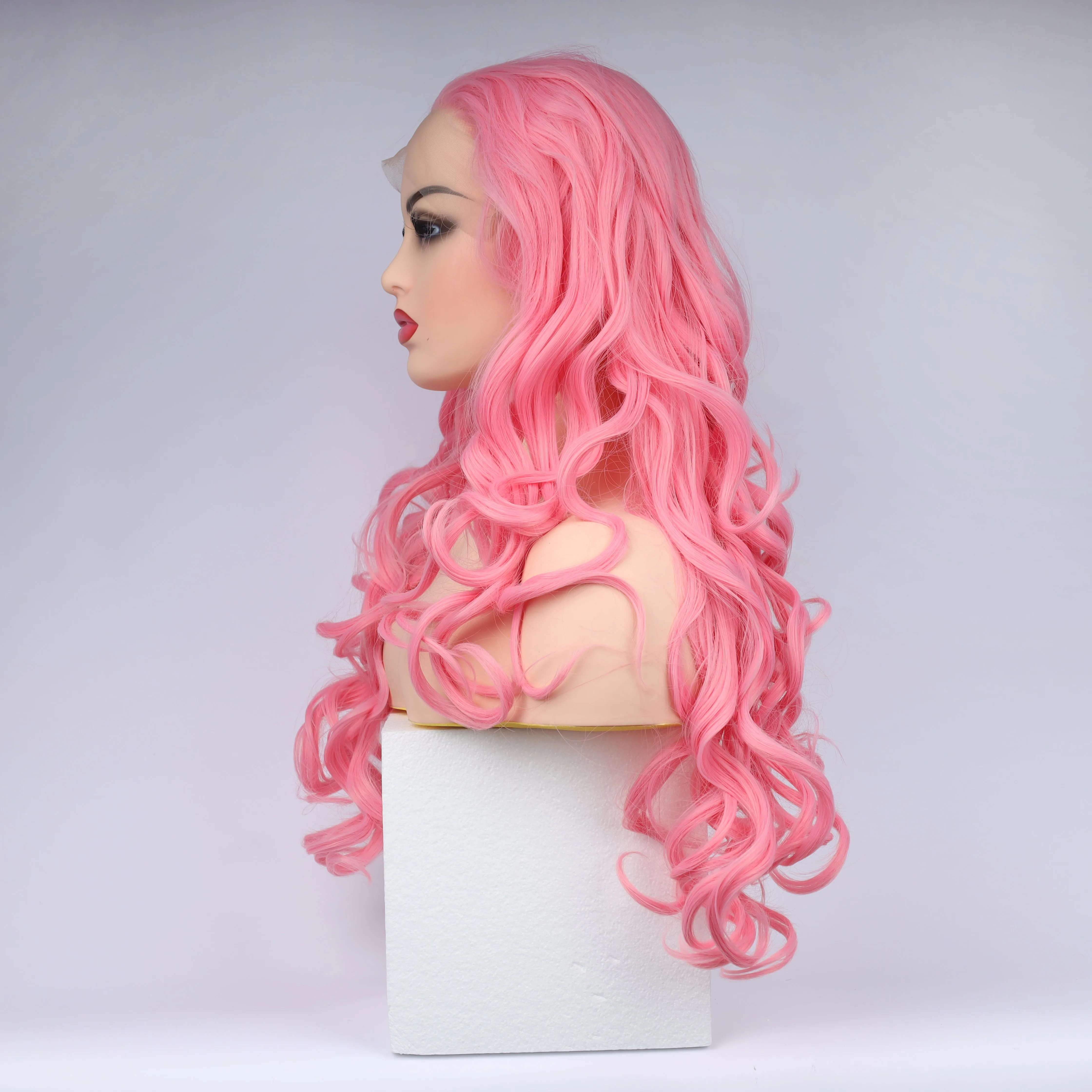 

Fashion Curly Wig Synthetic Lace Front Wigs Pink Colorful Female Lace Wig 13X3 For Women Cosplay Hair Daily Use