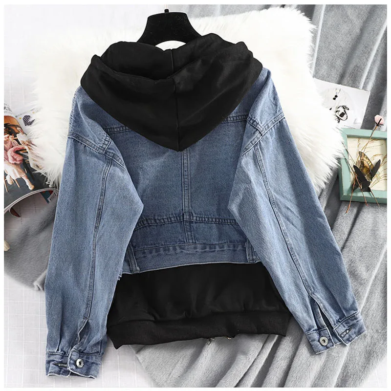 Black Fake Two-Piece Denim Jacket Female 2025 Spring And Autumn New Women\'s Coat Loose Hooded Jacket Temperament Top