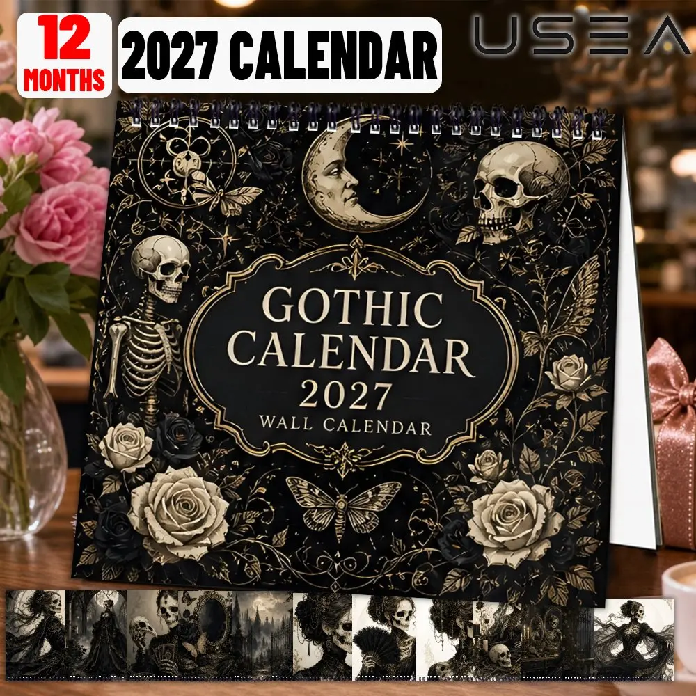 2027 Wall Calendar 12 Month Yearly Organizer, Lunar Moon Phases Gothic Skeleton Rose Aesthetic Decor Holiday Gift