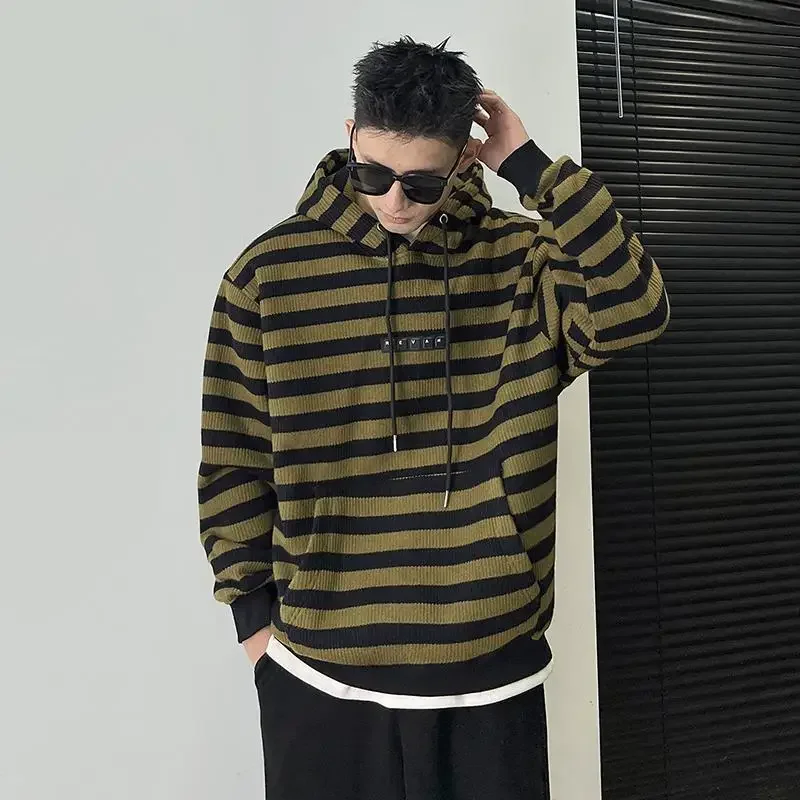 Loose Sweatshirts for Men Stripe Man Hoodies Oversize Y2k Clothes Harajuku Fashion Sweat Shirt No Brand Warm One Piece Designer