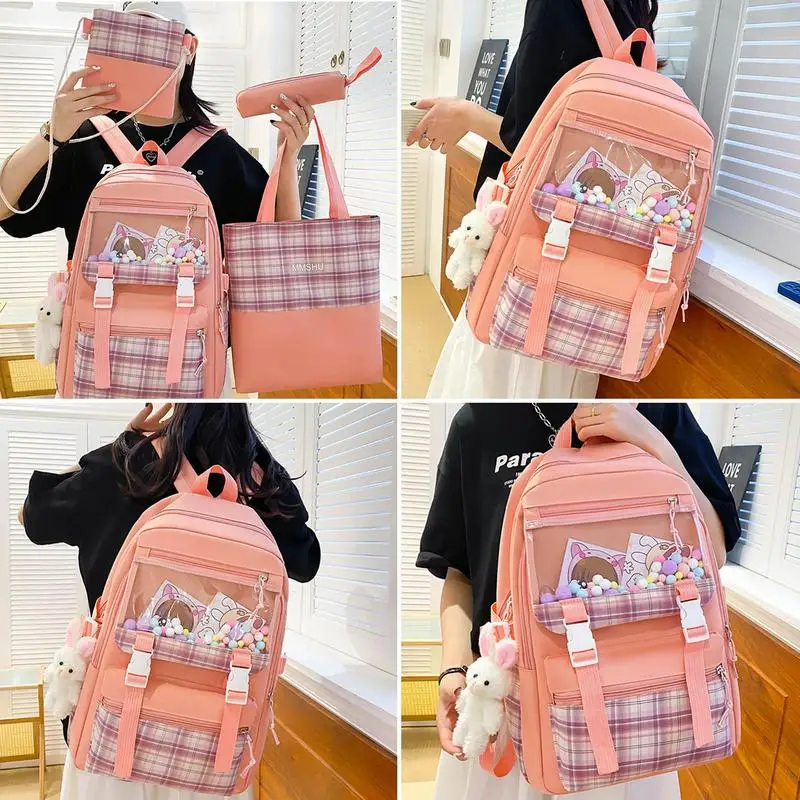 Cute Backpack Set For Girls School Backpack For Kids Pencil Case Tote Bag Schoolbag Backpack With Rabbit Pendant Student Back To