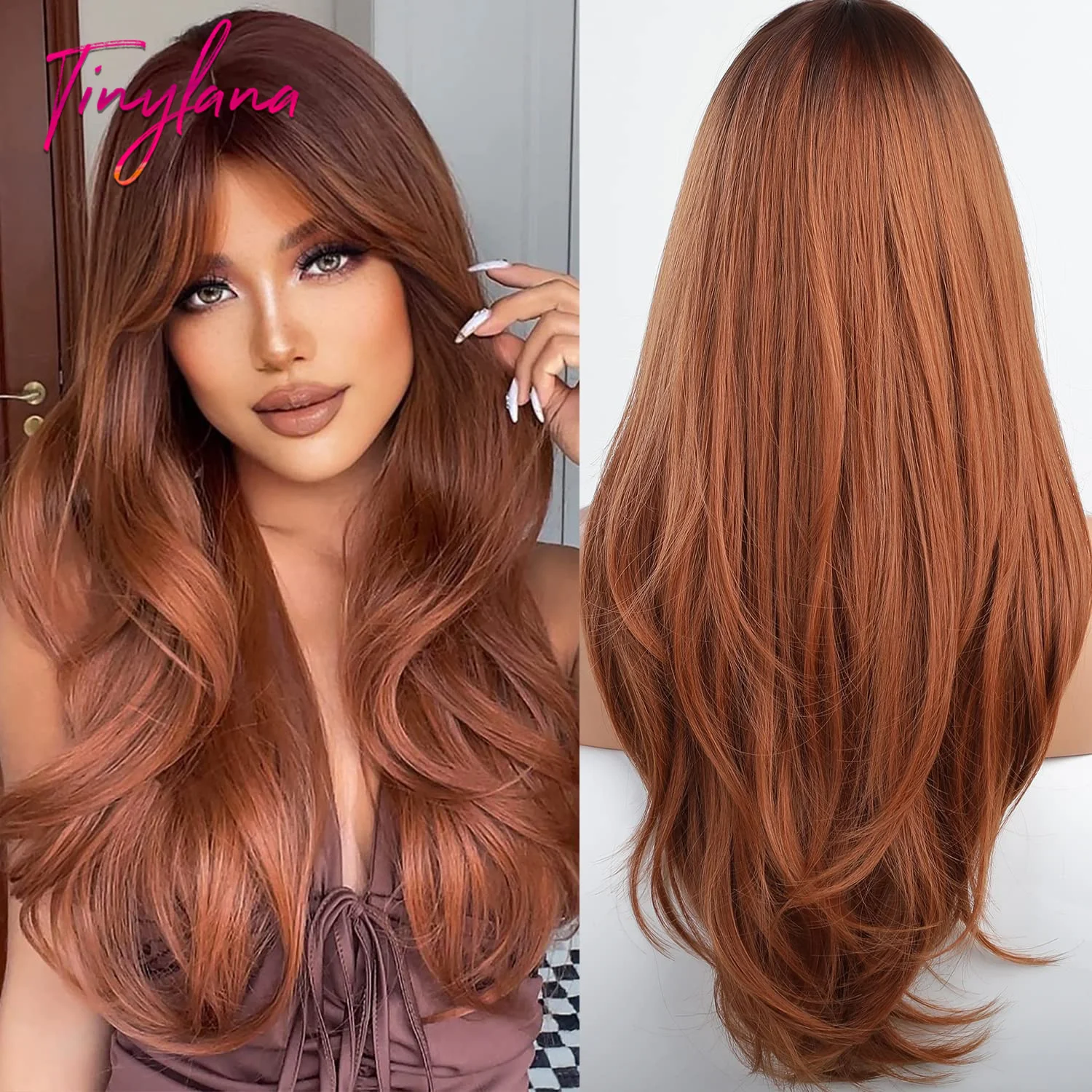 Long Wavy Orange Brown Synthetic Wig with Bangs, Cosplay