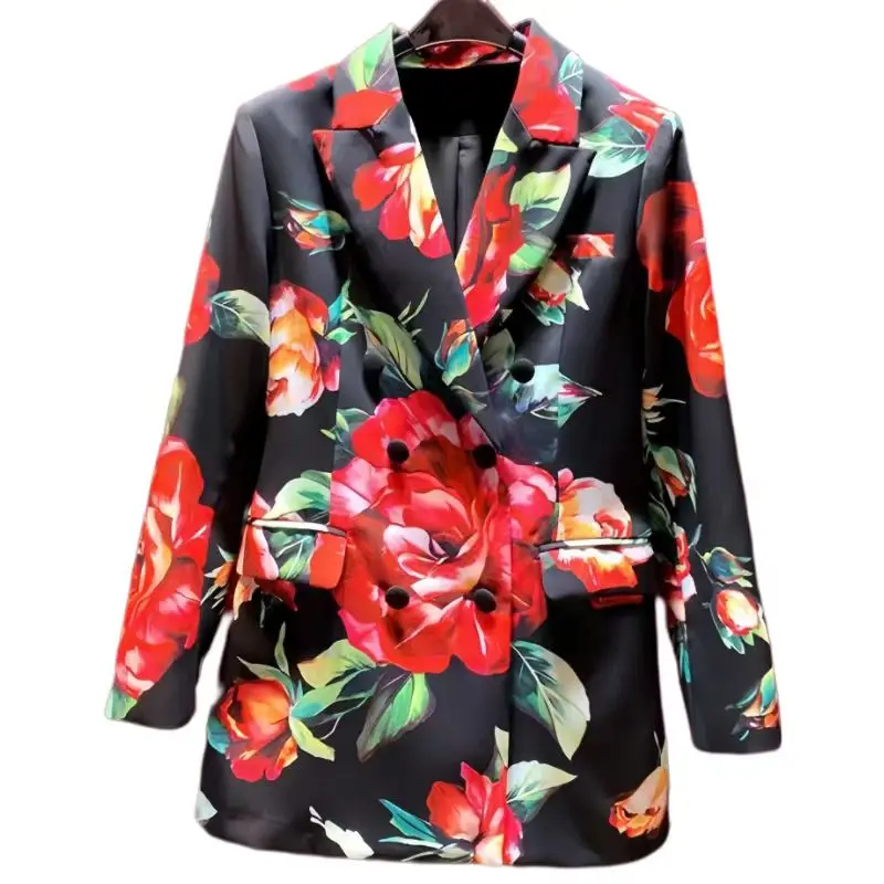 Double Breasted Blazers Jackets for Women , Print Elegant Loose Casual Long Coat, Korean Clothing, Female Tops, Spring Autumn