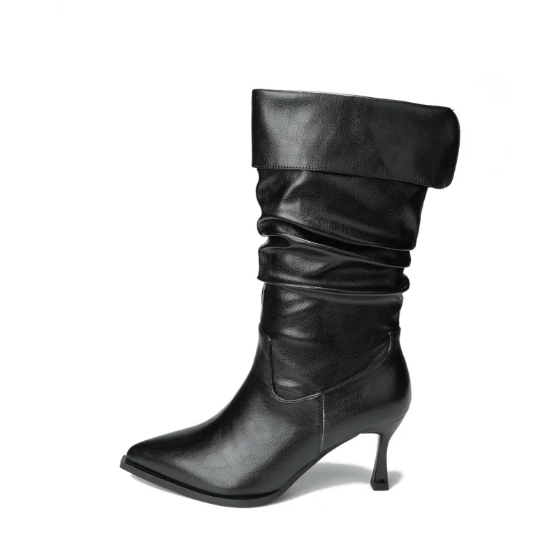 النسخة الكورية من الجلد الناعم بمقدمة مدببة أحذية قصيرة للنساء، أحذية رفيعة قابلة للطي في اتجاهين، أنبوب عريض للتخسيس وكعب رفيع P