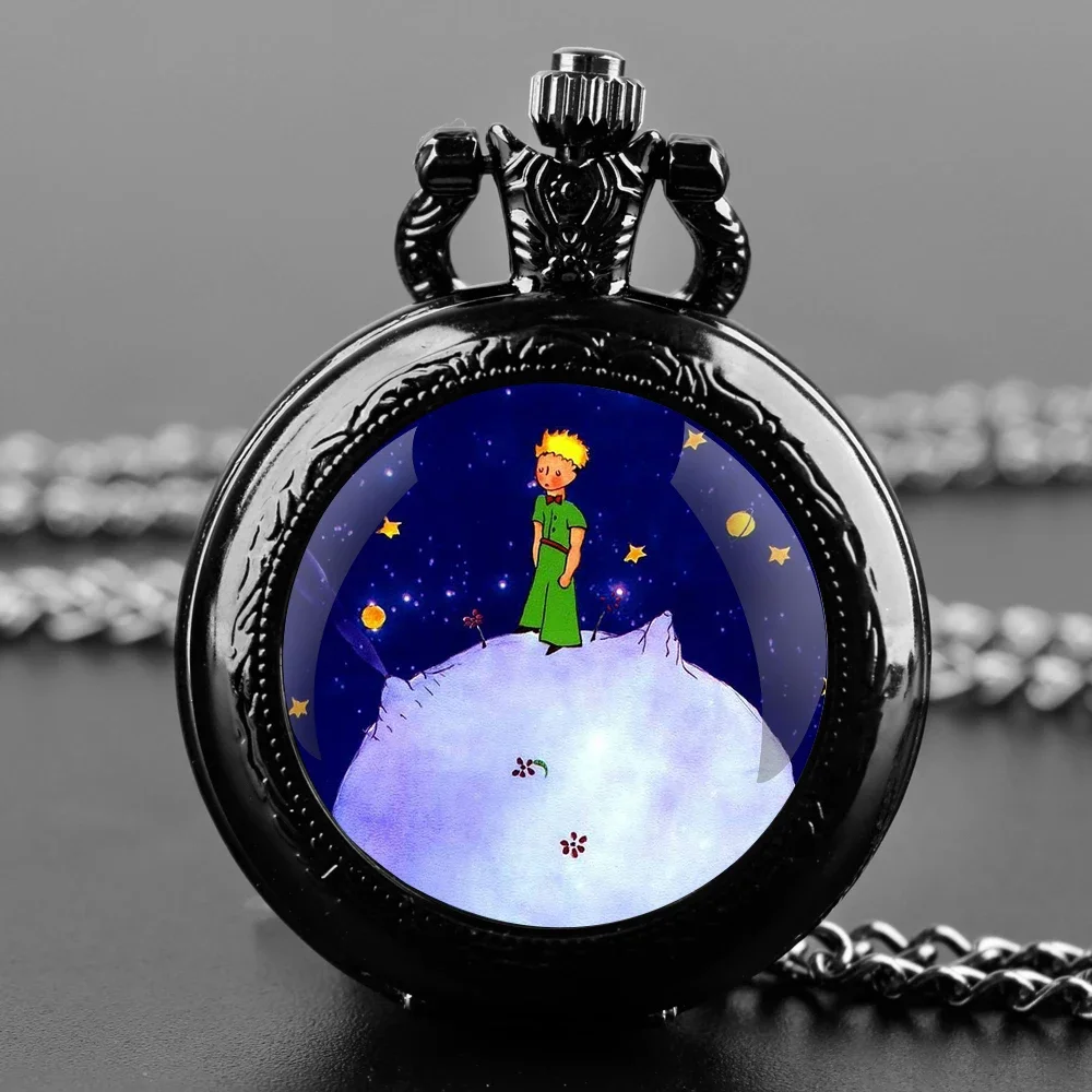 

Classic Anime Prince in The Night Sky Glass Dome Pocket Watch with Chain Vintage Fashion Unisex Pendant Necklace Gift for Kids