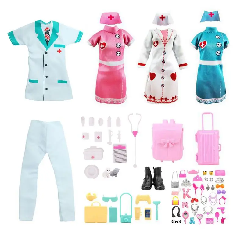 Kawaii 77 Items / Lot Kids Toys Doctor Clothes For Ken Nurse Dress Mini Hat Doll Accessories For Barbie DIY Children Game Gift