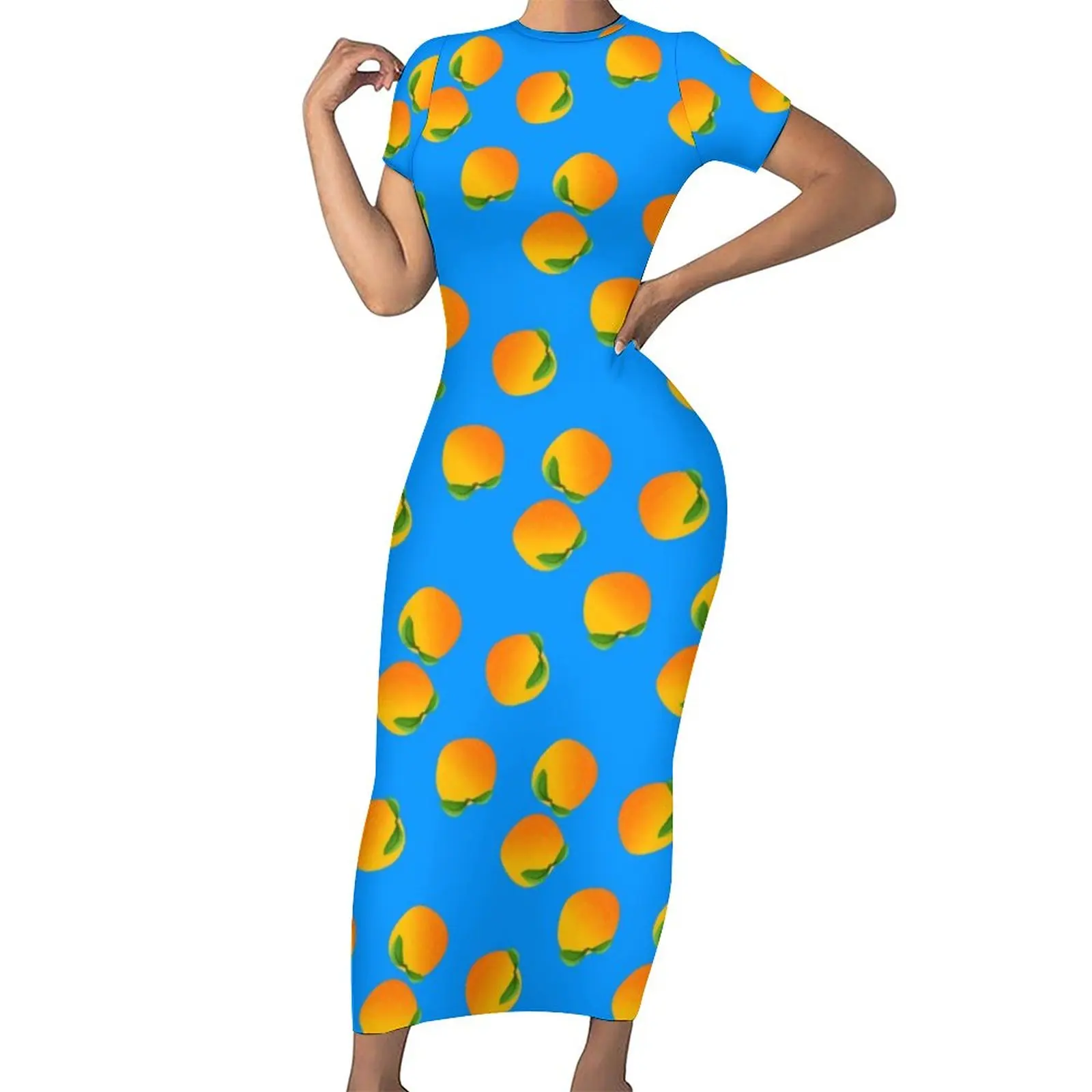 

Bright Oranges Bodycon Dress Women Fruit Print Sexy Maxi Dresses Summer Short Sleeve Street Wear Custom Dress Large Size