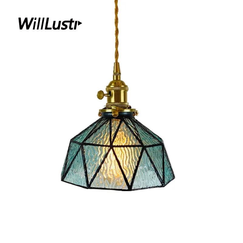 

Glass Patchwork Pendant Lamp Retro Handmade Suspension Light Hotel Cafe Aisle Beside Creative Copper Hanging Ceiling Chandelier