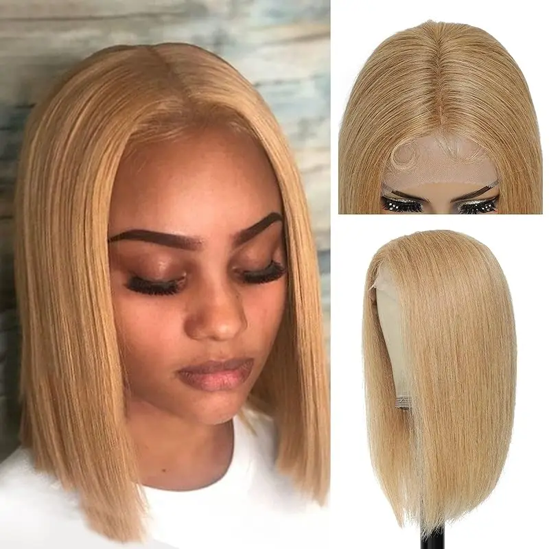 #27 Honey Blond Bob Wig Human Hair Pre Combed Baby Hair 13x4 Lace Front Wig 180% Density Suitable For Black Women