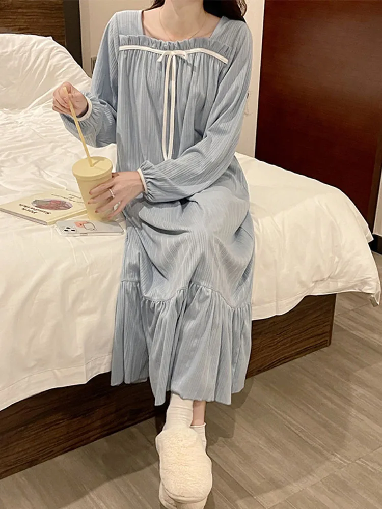 Cotton Solid Square Collar Women's Home Pajamas Spring Fall Sweet Bow Long Maternity Nightdress Ladies Loose Casual Nightgown