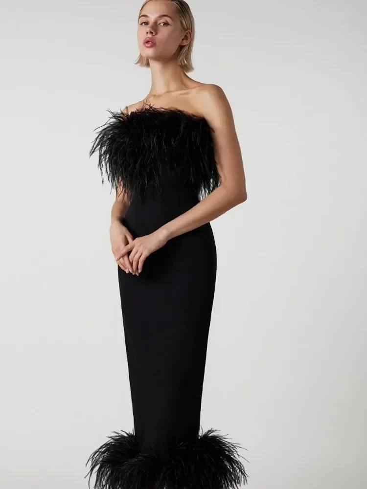 

JONN Sexy Strapless Backless Feather Midi Bandage Dress Elegant Black Luxury Feathers Bodycon Fashion Party Club Dress