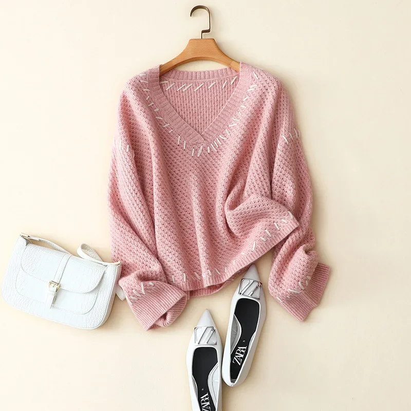 

aliaga 100% cashmere v neck sweater women loose korean fashion winter pullovers ladies thick warm contrast white jumper