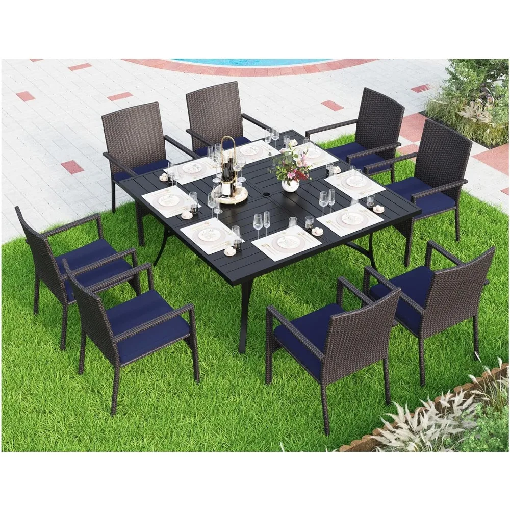 

Обеденный набор на открытом воздухе из 9 предметов на 8 квадратных столов и плетеных стульях с подушками, прочный набор мебели для обеденного патио для патио