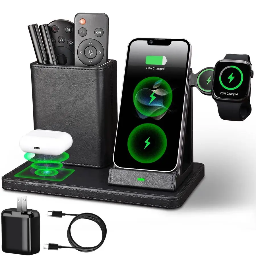 

Принадлежности для настольных принадлежностей, держатель для ручек, держатель для пульта дистанционного управления, органайзер с зарядным устройством для телефона, настольный органайзер на ночной подставке, черный кожаный