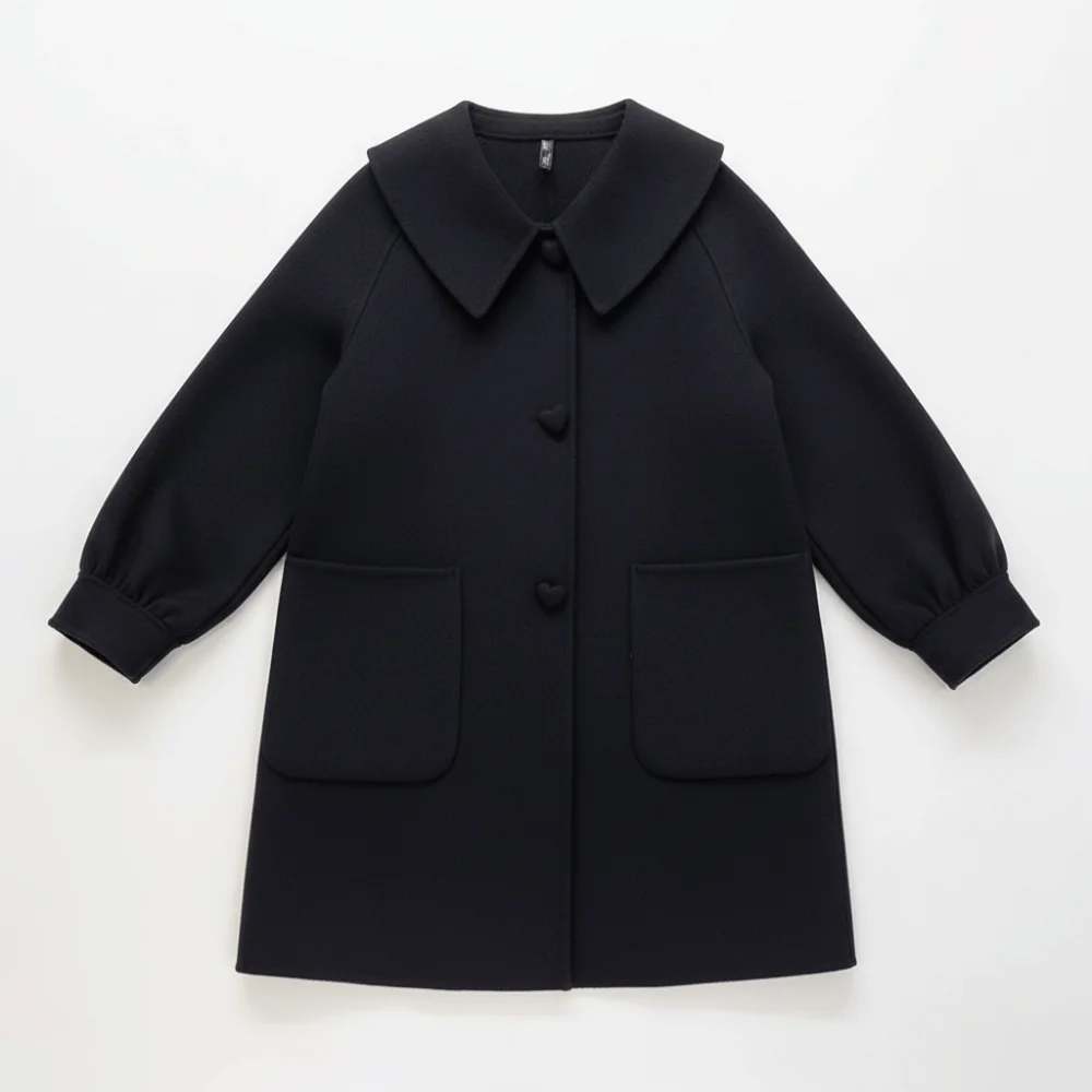 중간 길이 울 코트 여성 플립 칼라 시크 긴 소매 가디건 가을 겨울 하트 모양 버클 방풍 코트 가을