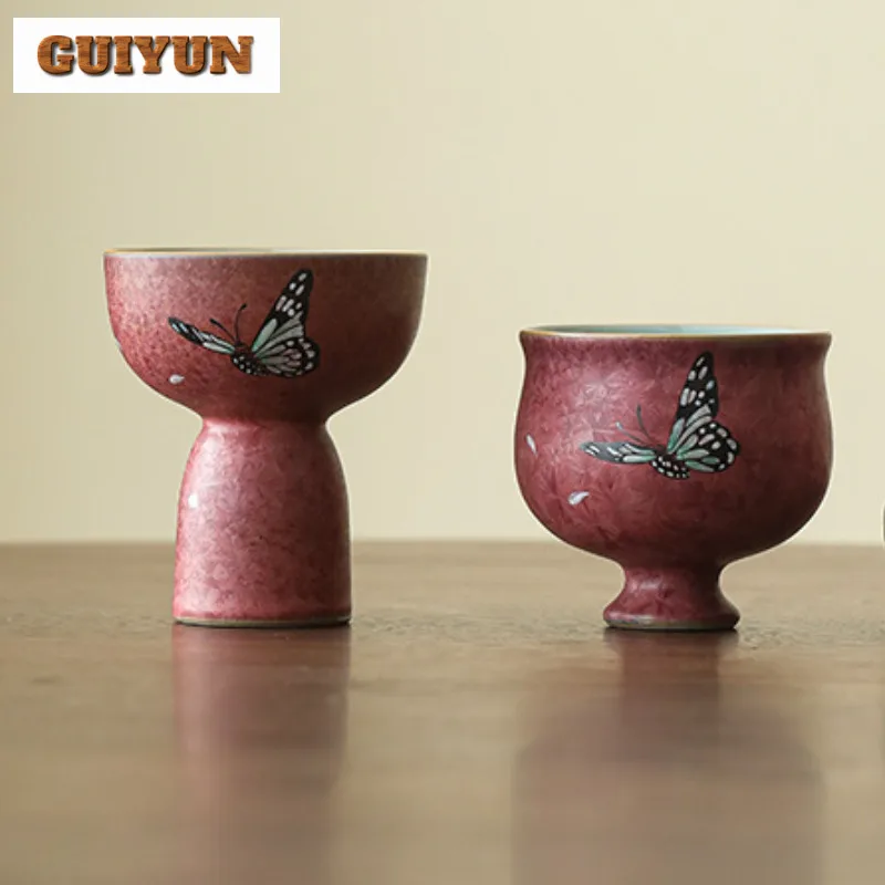 

Hand Painted Double Butterflies High Foot Teacup Retro Tea Bowl Mug Tea-tasting Meditation Cup Chazhan Master Cups Drinkware