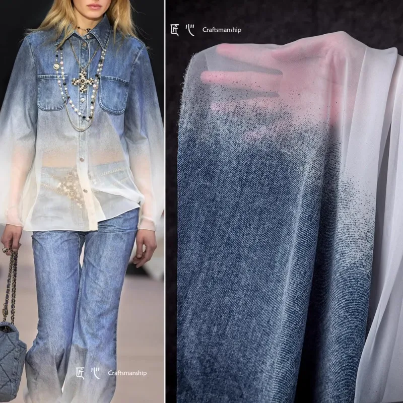 

Deep Blue White Gradient Denim Fabric for Runway Style Silk Fashion Clothing Design Diy Sewing Cloth Material Per Meter