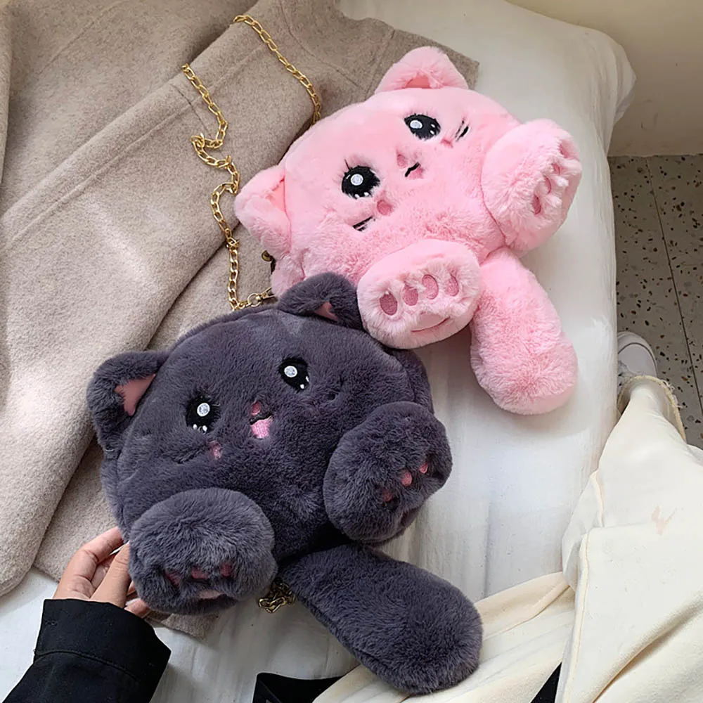 Kawaii Fashion Cat Plush Bag Cute Animal Cats Shoulder Bag Girls College Wind Mobile Phone Bag Female Purse Kid Toys Gift