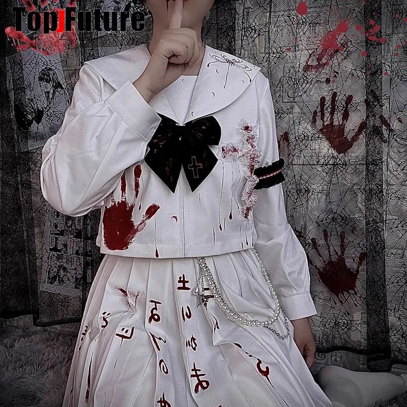 

Women Y2K Bloody JK Orthodox Uniforms Hand-painted Gothic Punk Hurt Bad Sick Girl Lolita Japanese sailor suit JK uniform