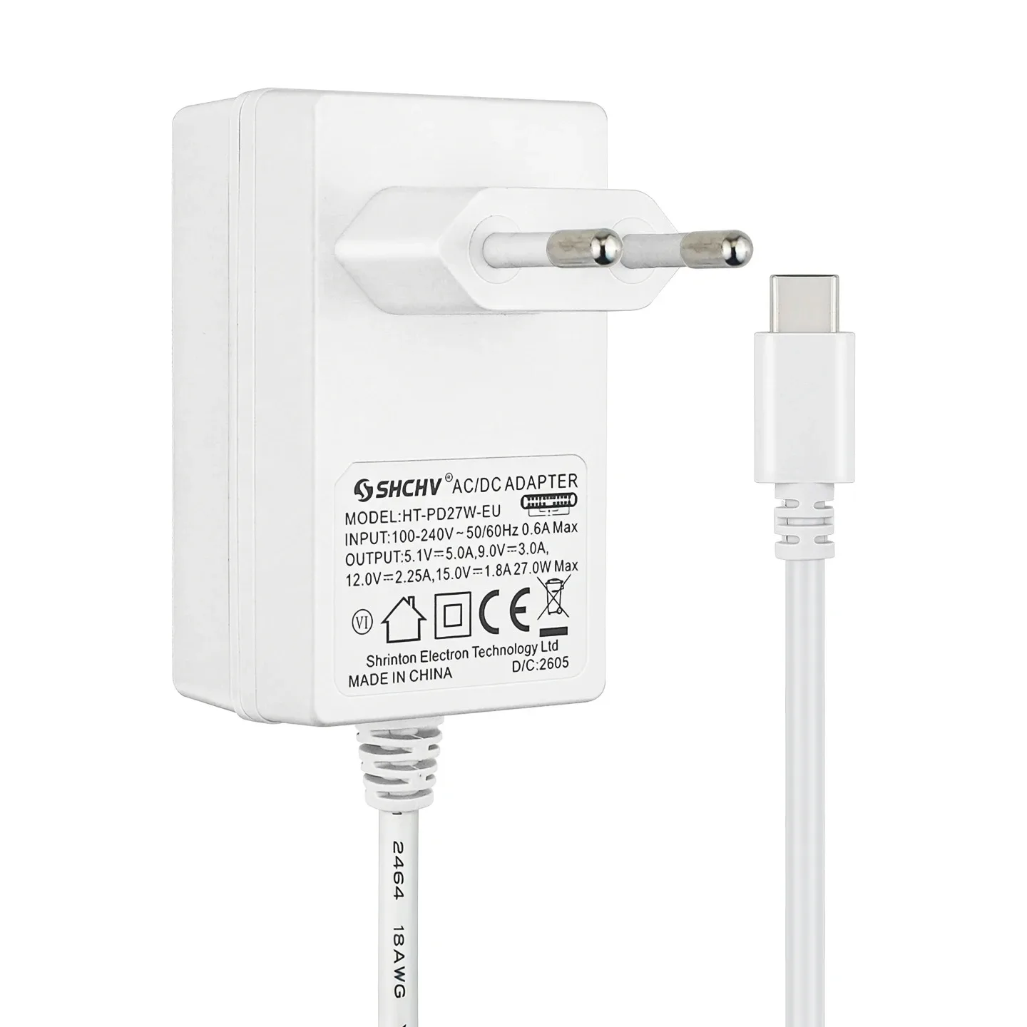 27W USB C Power Adapter for Raspberry Pi 5, 5V 5A PD Type-C Charger with 1.2M Cable US UK EU Plug 100-240V Power Supply for RPI5