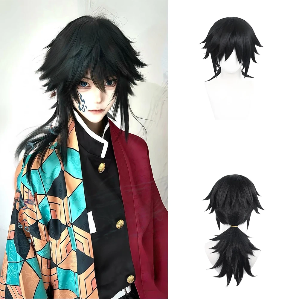 

Anime Tomioka Giyuu Cosplay Synthetic Hair 20-Inch Black Ponytail Layered Style Halloween Carnival Daily Party Wig Heat-Resistan
