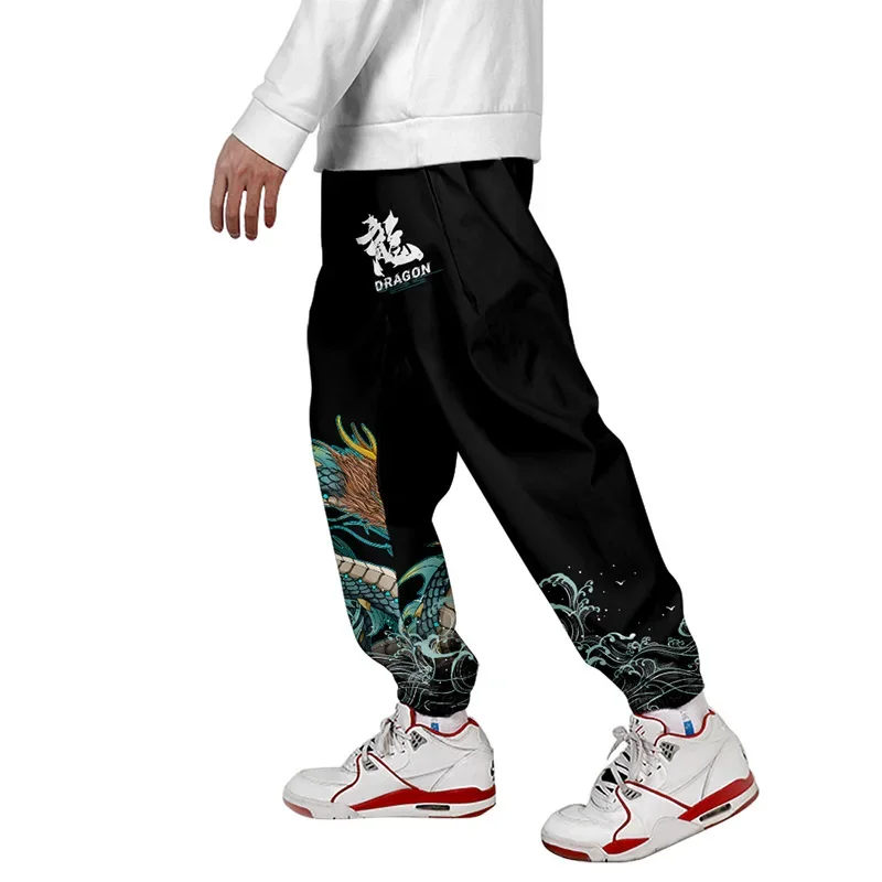 Anime Dragon Print Sweatpants Men Pocket Long Cargo Pant Harajuku Jogger Black White Trousers Streetwear Pants Plus Size 4XL