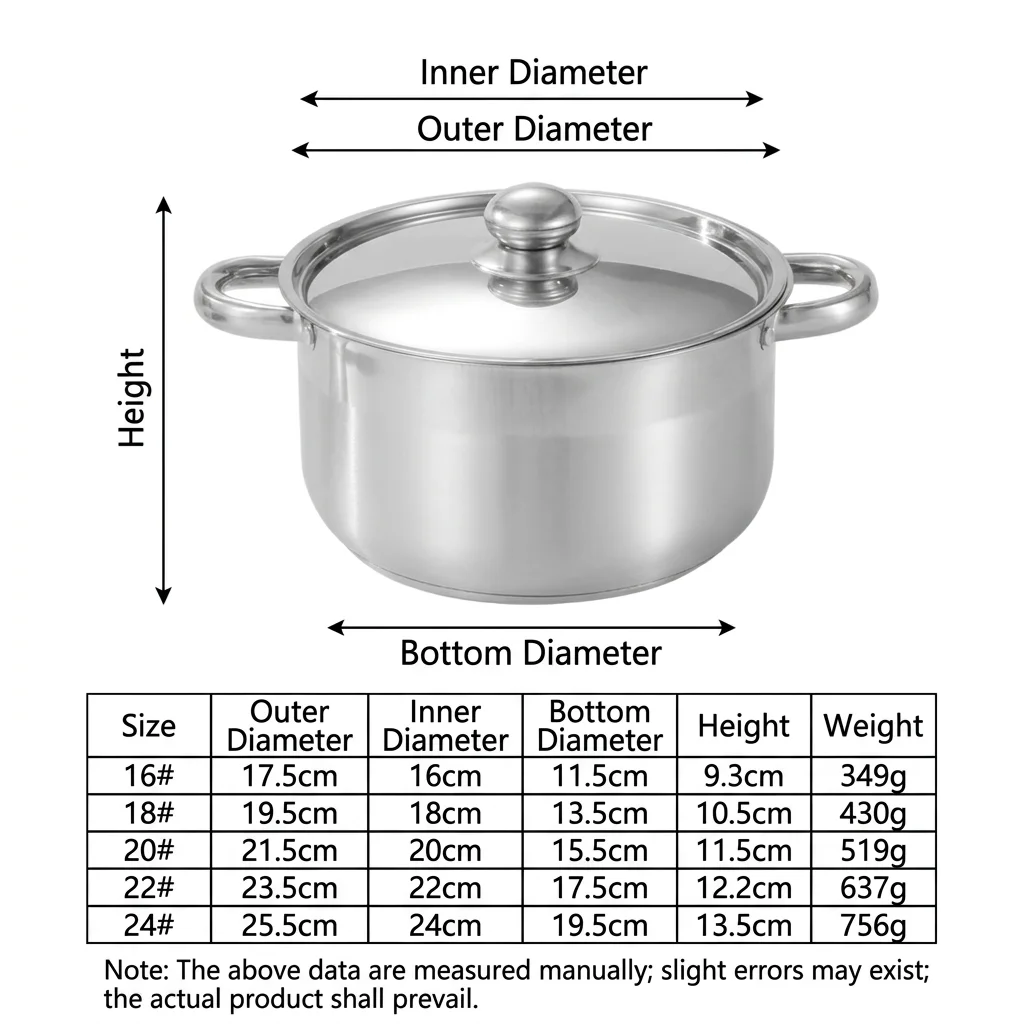 16Cm 18cm 20cm 22cm 24cm Kitchen Double Bottom Pot Stainless Steel Deluxe Pot Set 10-piece Cookware Set