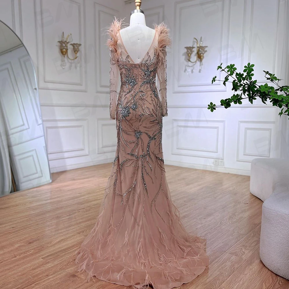 Feathered Coral Prom Dress With Full Sleeves Mermaid Court Train Women's Evening Dresses For Formal Occasion Party Gown