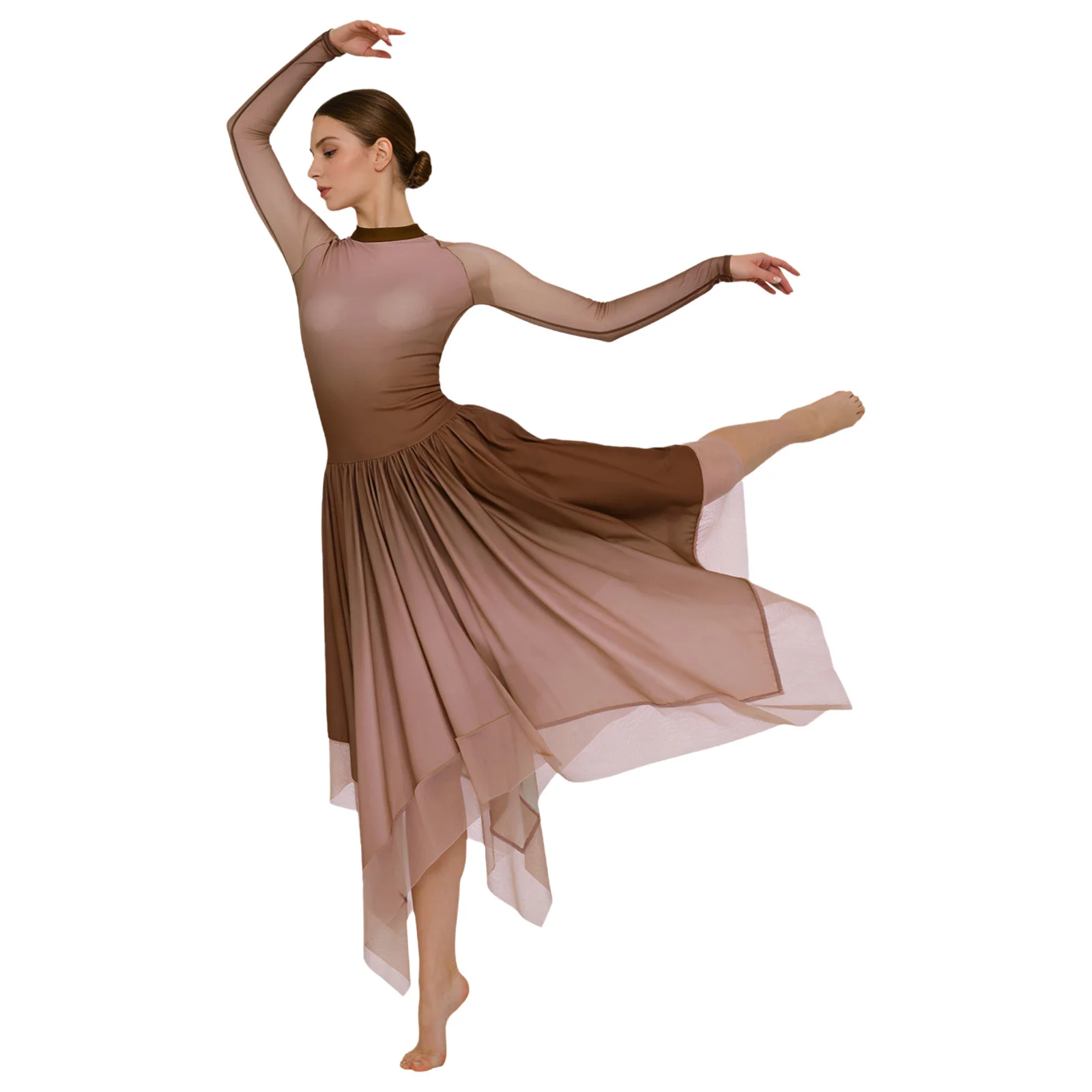 Lyrical Dance Dress Womens Long Sleeve Mesh Irregular Hem Back Keyhole Leotard Dress for Figure Skating Modern Dance Costume