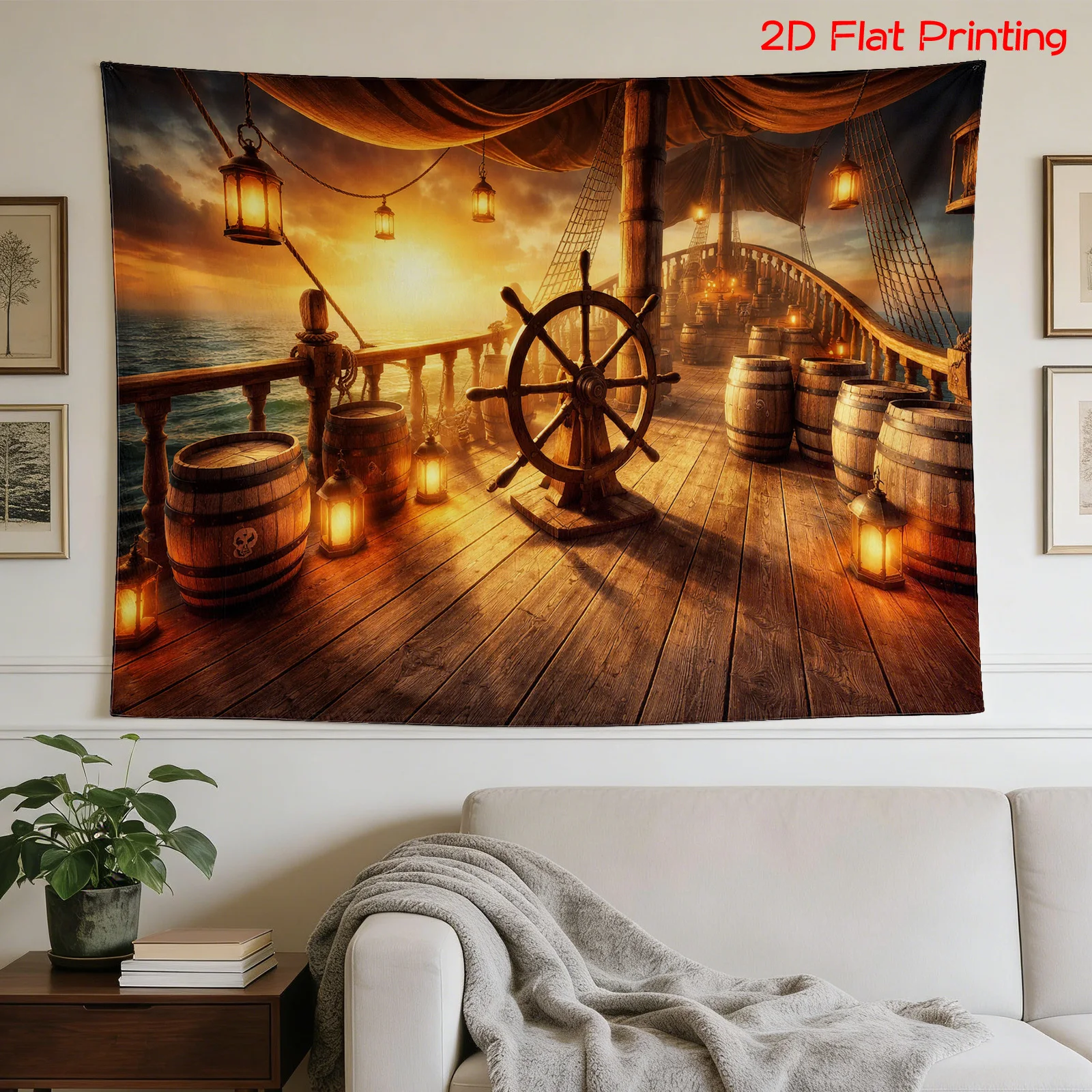 Vintage Nautical Tapestry Wall Hanging Pirate Ship Decor Ocean View Art Prints Living Room Decor Rustic Maritime Sailor Home Dec
