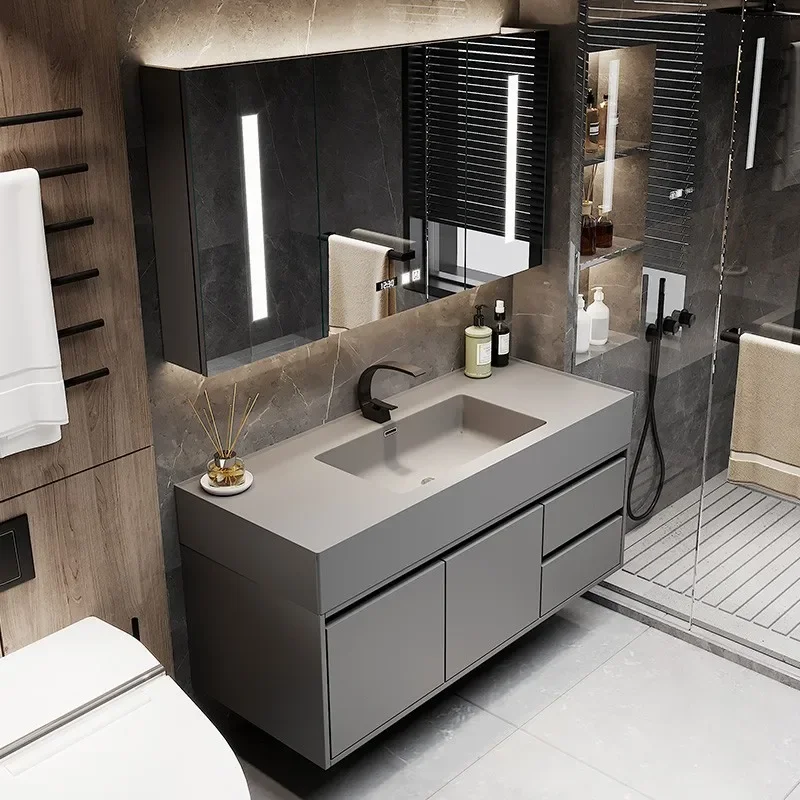 

Light luxury smart bathroom cabinet combination modern simple rock integrated face wash basin bathroom rock slab washstand