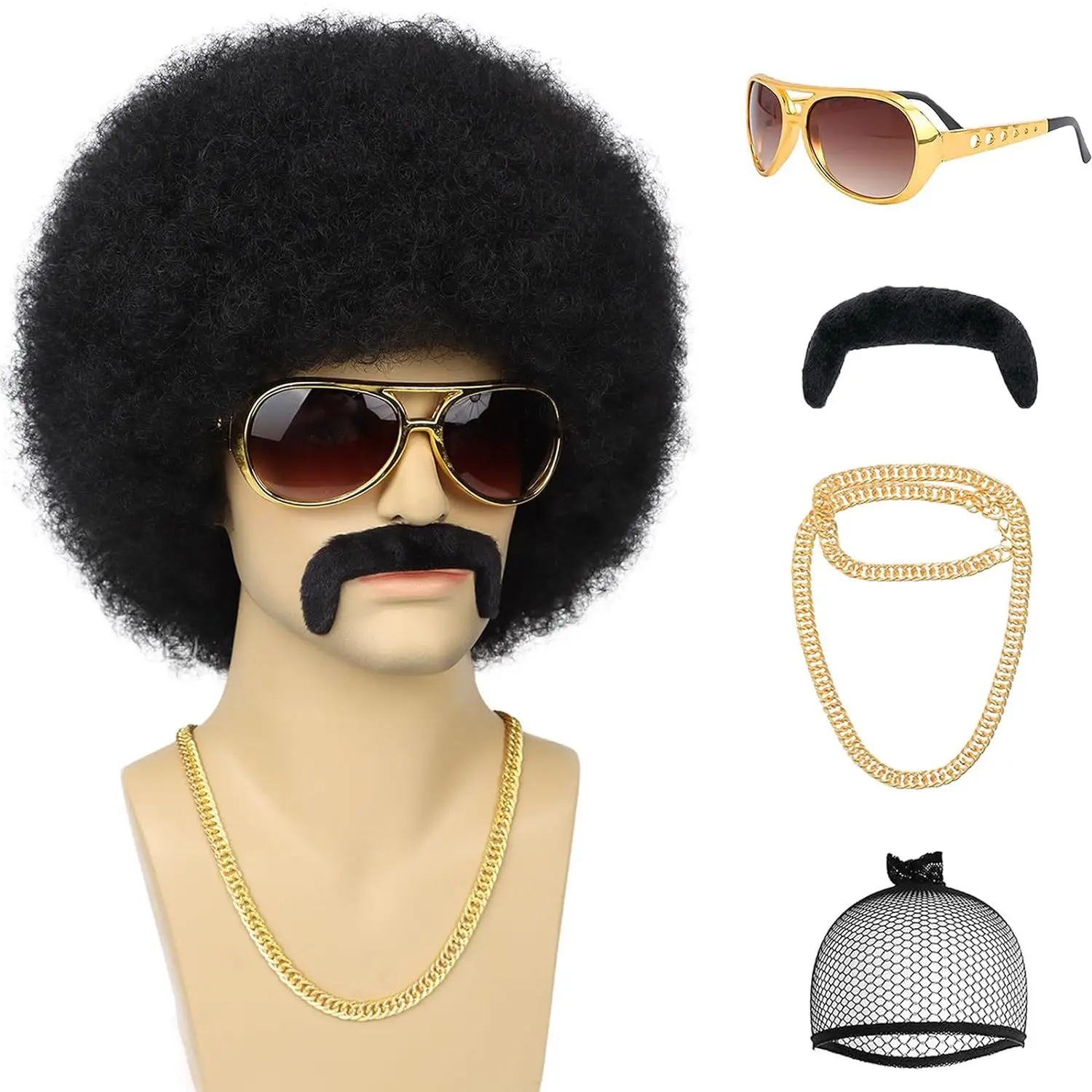 Parrucca afro sintetica da uomo africana Parrucca da 4 pezzi + occhiali + collana DISCO + barba Parrucca da discoteca anni '70 e '80 Parrucca da donna Soffici capelli corti