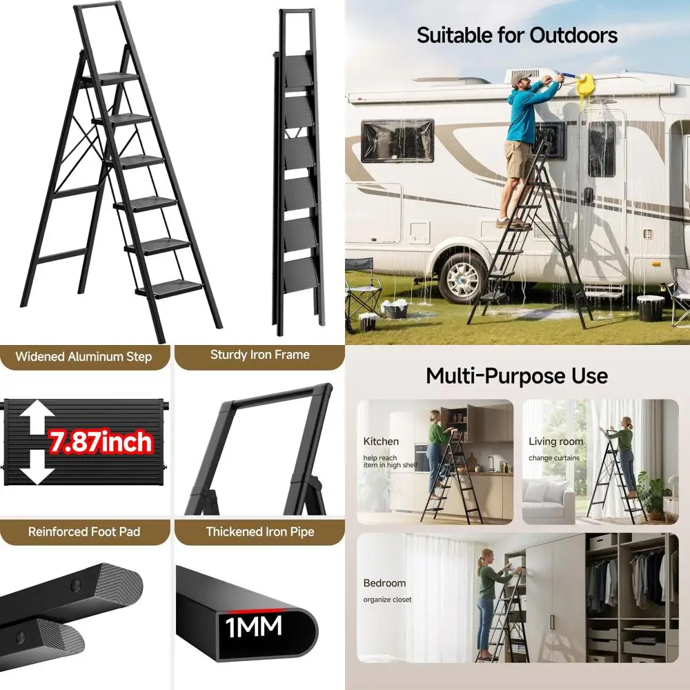 

Folding 6-Step Ladder Stool with Anti-Slip Treads, Portable Tall Ladder with Handrails, Multi-Purpose Iron Step Ladder for Home