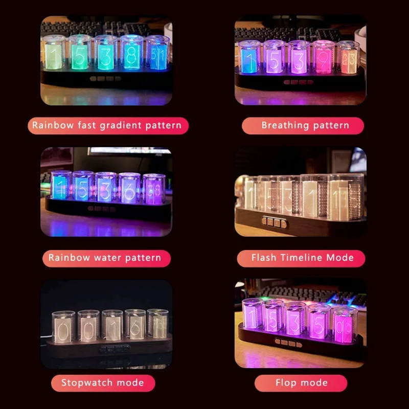 Cyberpunk Style Table Nixie Tube Clock RGB Glow Tube Clock Walnut Wood Base LED Electronic Digital Alarm Lamp Clock Timer Gift