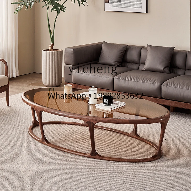 H3-24 oval glass coffee table living room log minimalist solid wood rock slab light luxury