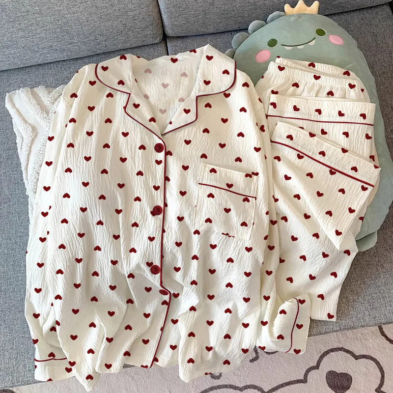 

Sweet Love Heart Print Pajama Set Long Sleeve Wrinkle Fabric Cute Girls Sleepwear Homewear
