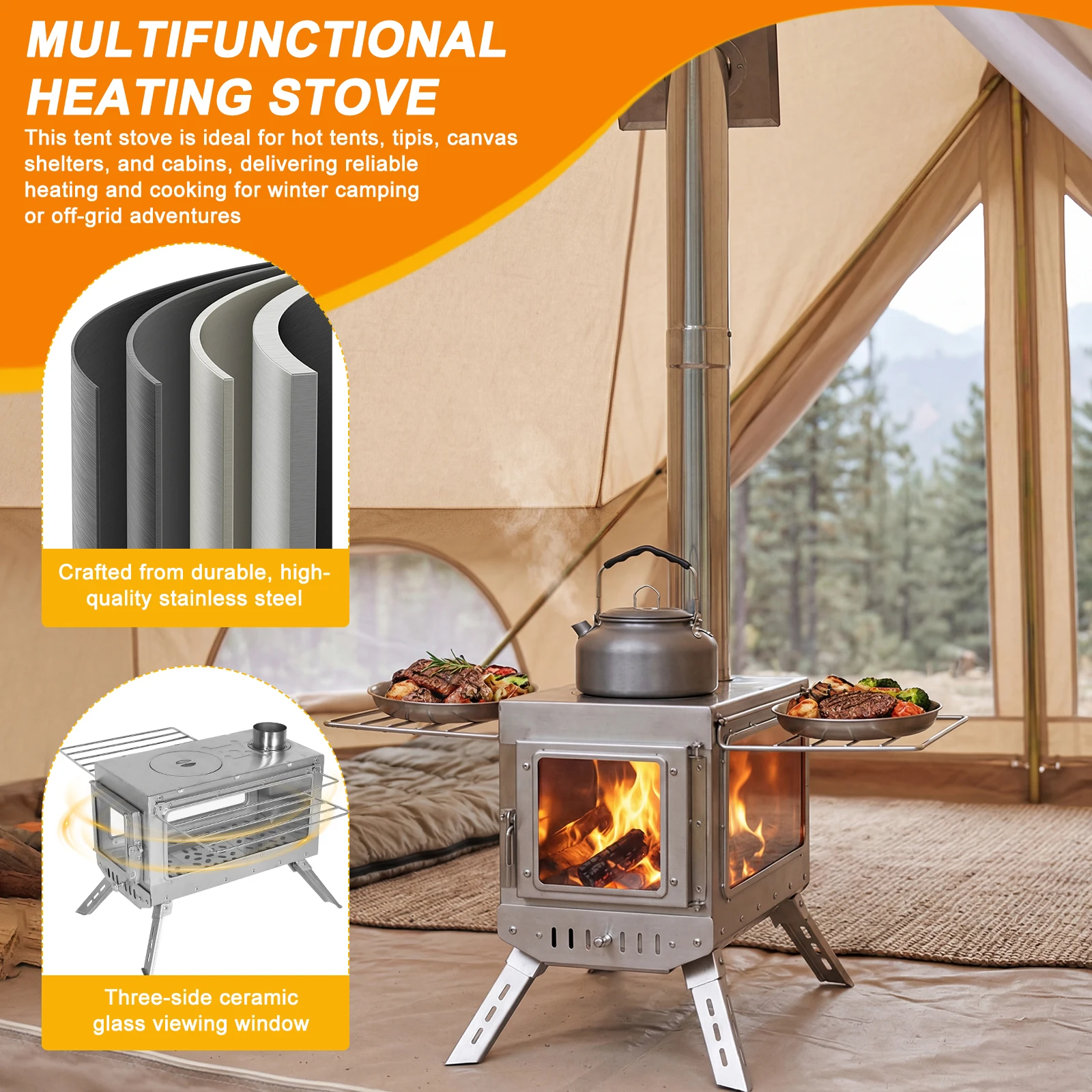 

Stainless Steel Firebox with Chimney Pipe Weatherproof Patio Heater Rust Proof for Tents Shelters Camping