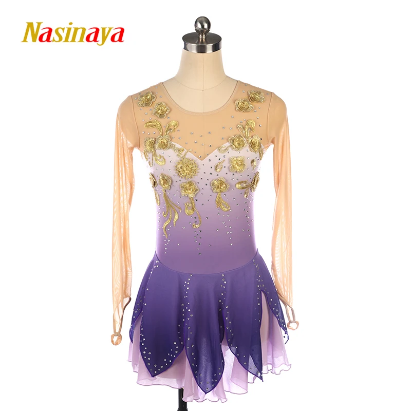 Figure skating performance outfit, skating outfit, competition dress, purple gradient gold floral long sleeved shirt