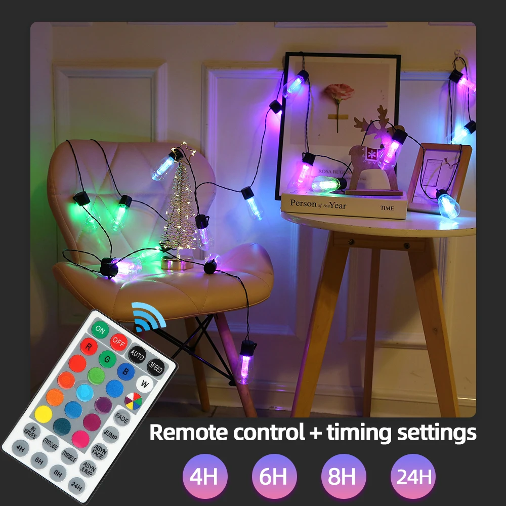 S14 Outdoor Light String, Solar/USB Upgrade RGB Colorful Synchronous Commercial Grade Weatherproof Outdoor Garden Light