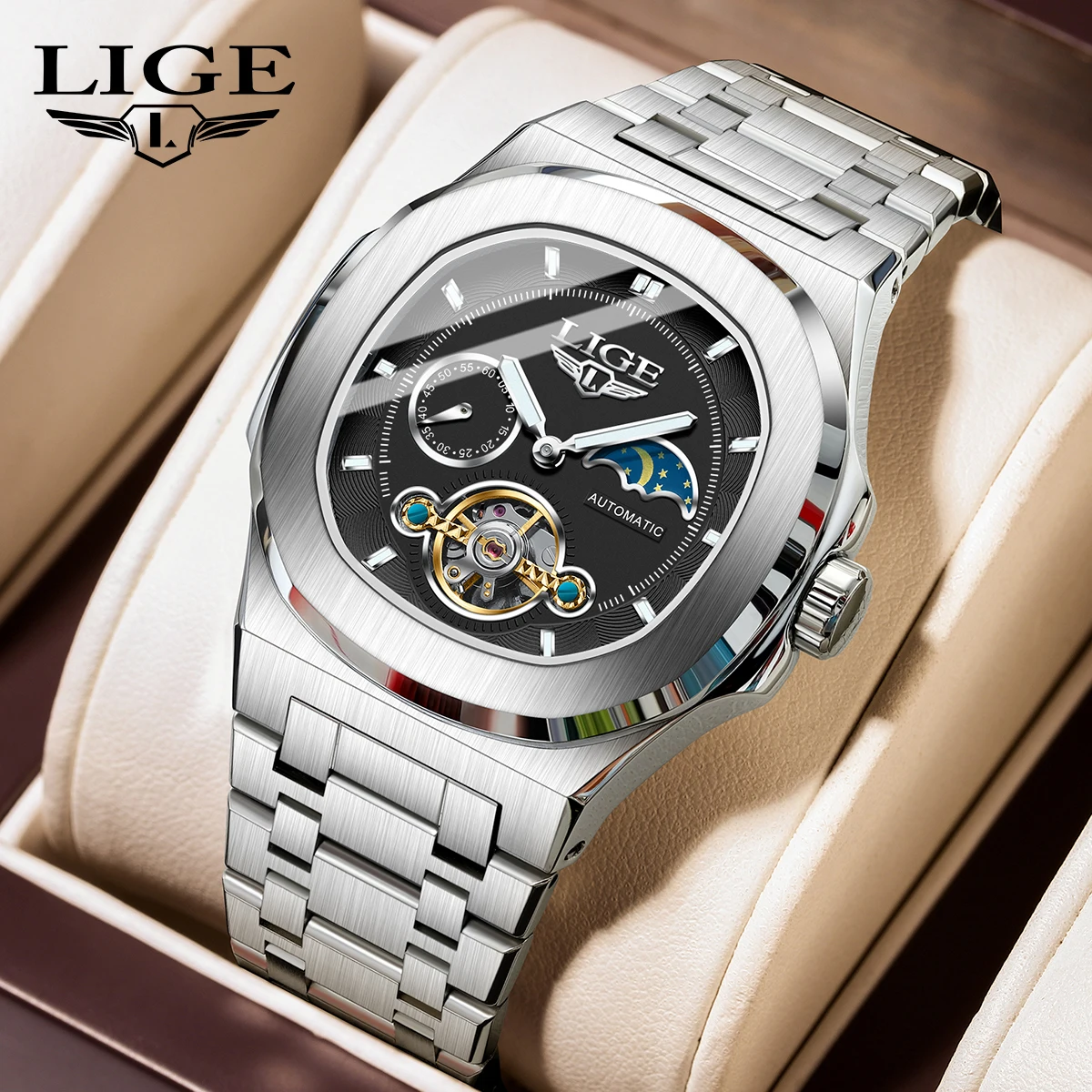 LIGE Dual Seconds Tourbillon Watch 24 Hour Mechanical Watch Men Stainless Steel Authentic Watch Night Glow Waterproof Mens Watch