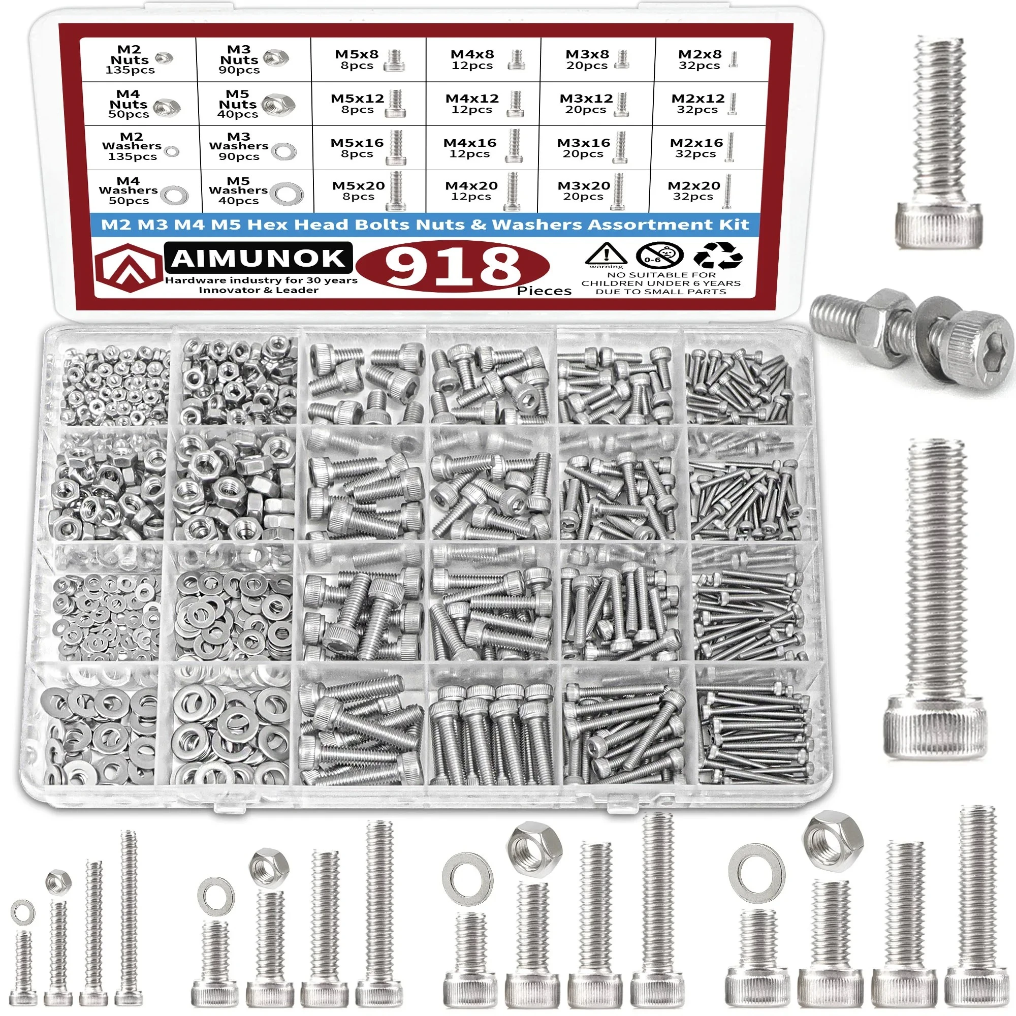 

304 Stainless 918pcs Nuts and Bolts Assortment Kit - M2, M3, M4, M5 Hex Head Steel Bolts, Nuts, Flat Washers, and More