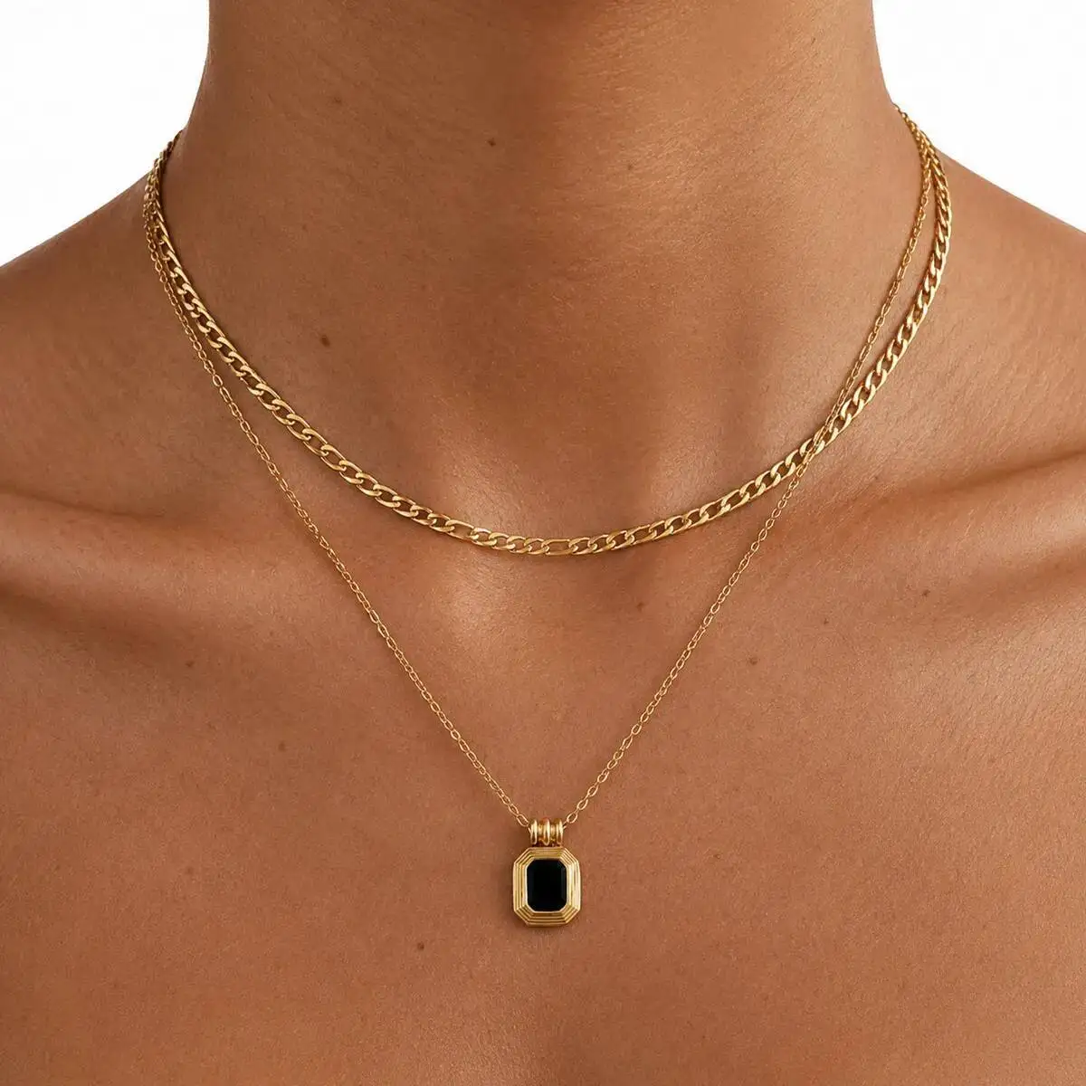 SHIXIN Stainless Steel Square Black Acrylic Pendant Necklace Women Classic Doublelayer 18K Gold Plated Waterproof Chain Jewelry