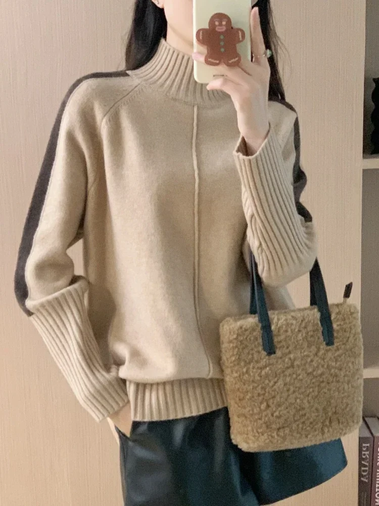 

2024 Autumn/Winter Fashion New Women's Warm Knitted Hoodie Half High Collar Splicing Loose Casual Interior Medium Length Sweater