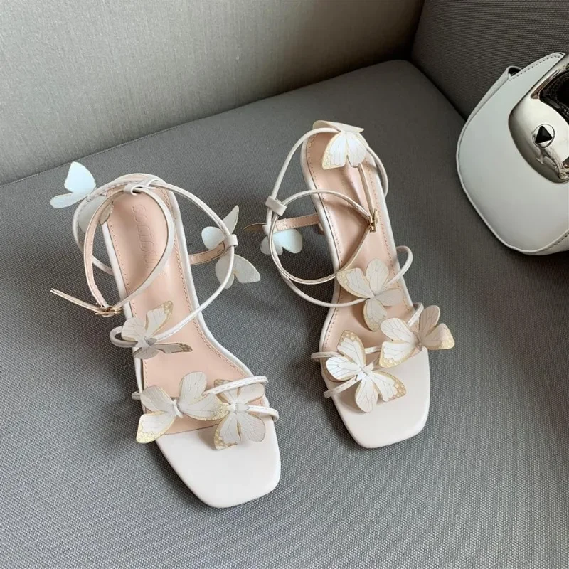 2024 Summer New Butterfly Lady High Heel Sandals Square Toe Casual Sandals Women Elegant Stiletto Heel Ankle Strap Party Shoes